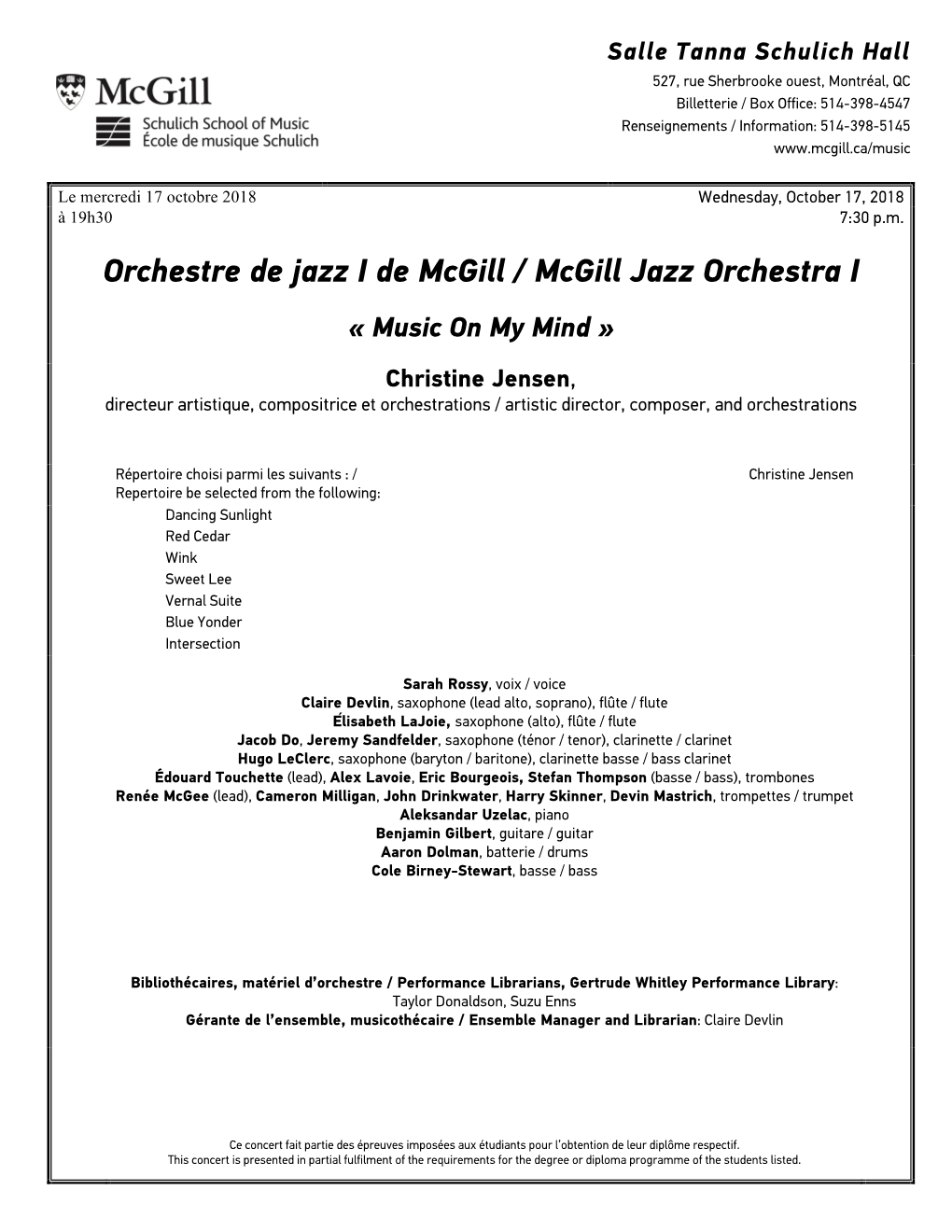 Orchestre De Jazz I De Mcgill / Mcgill Jazz Orchestra I