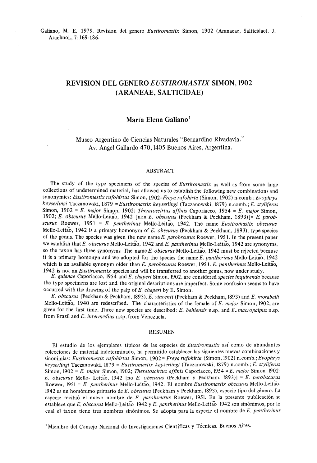 Revision Del Genero Eustiromastix Simon, 1902 (Aranaeae, Salticidae)