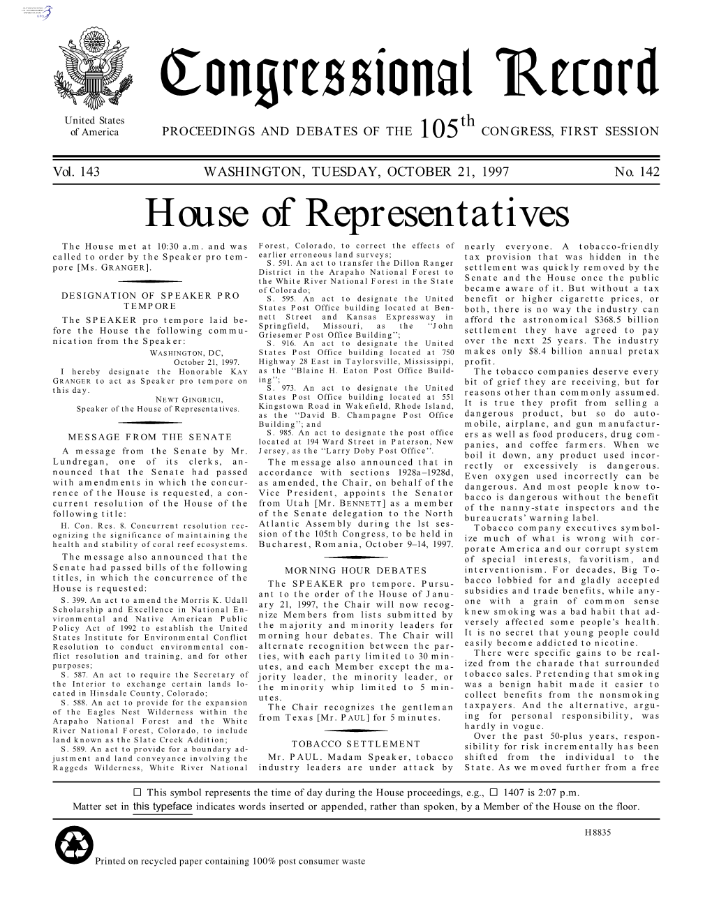 Congressional Record United States Th of America PROCEEDINGS and DEBATES of the 105 CONGRESS, FIRST SESSION