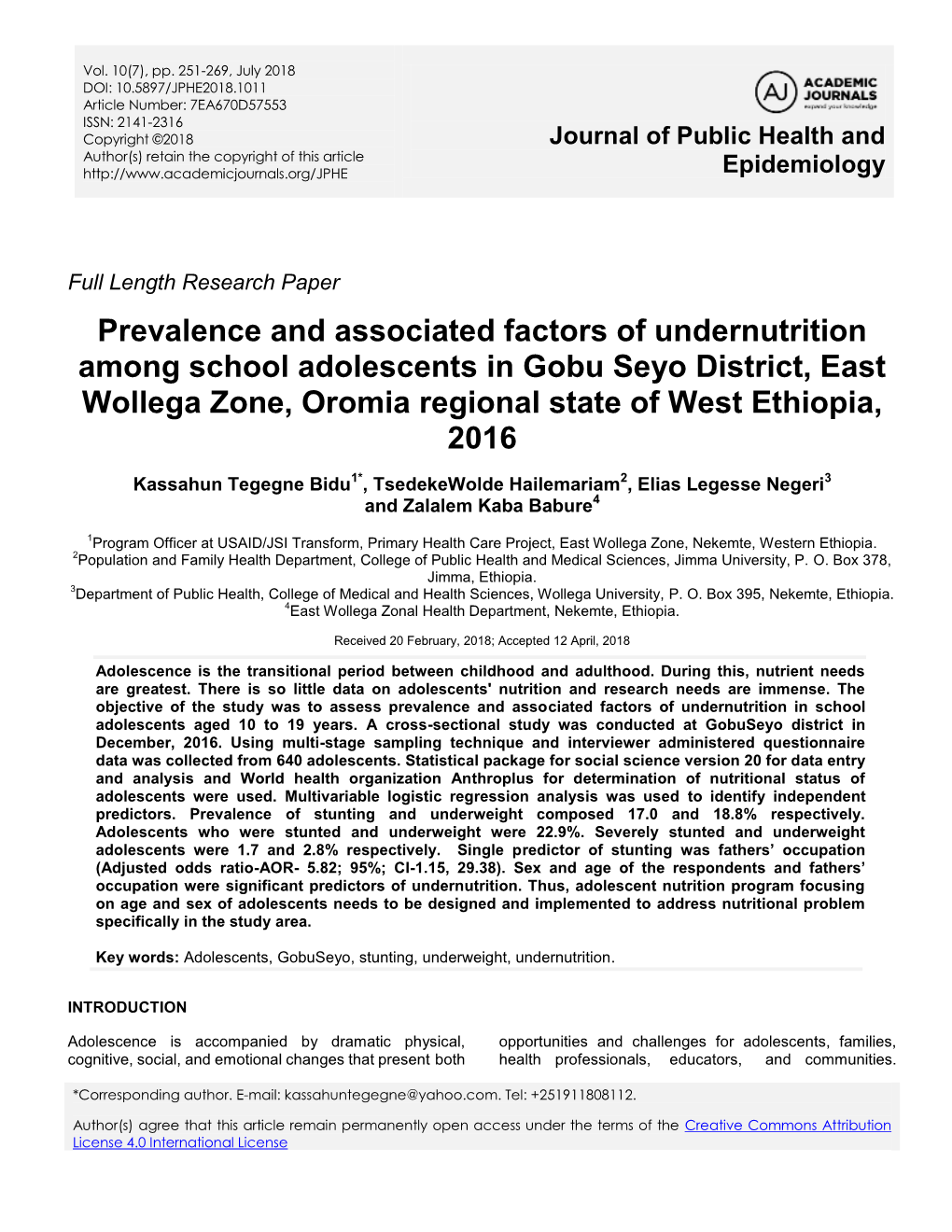 Prevalence and Associated Factors of Undernutrition Among School Adolescents in Gobu Seyo District, East Wollega Zone, Oromia Regional State of West Ethiopia, 2016