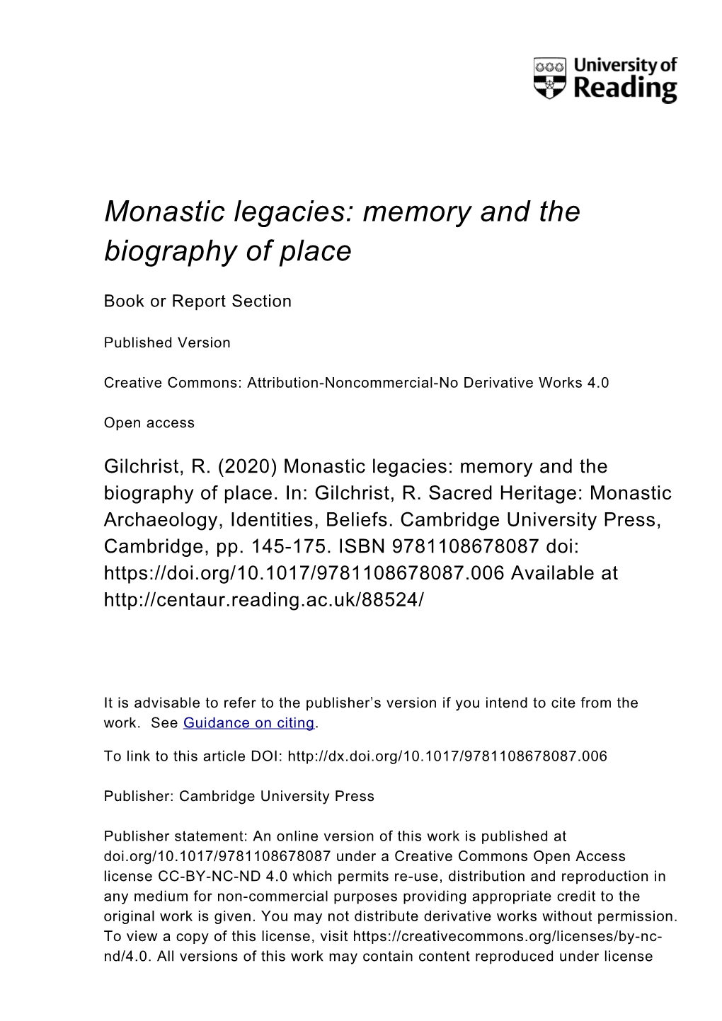 Monastic Legacies: Memory and the Biography of Place