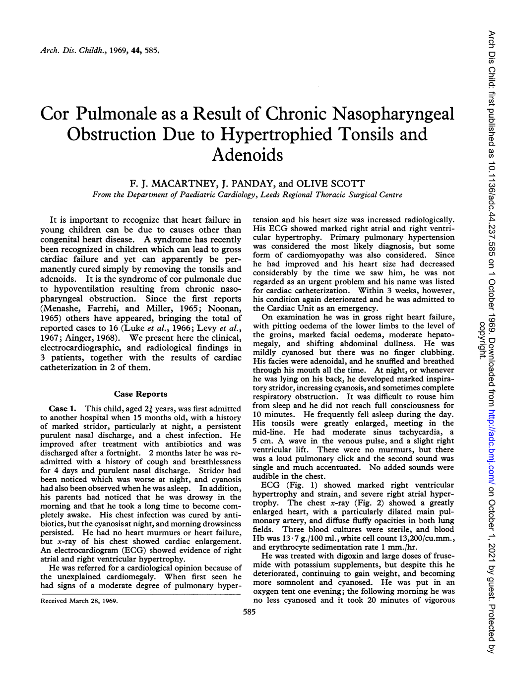 Cor Pulmonale As a Result of Chronic Nasopharyngeal Obstruction Due to Hypertrophied Tonsils and Adenoids