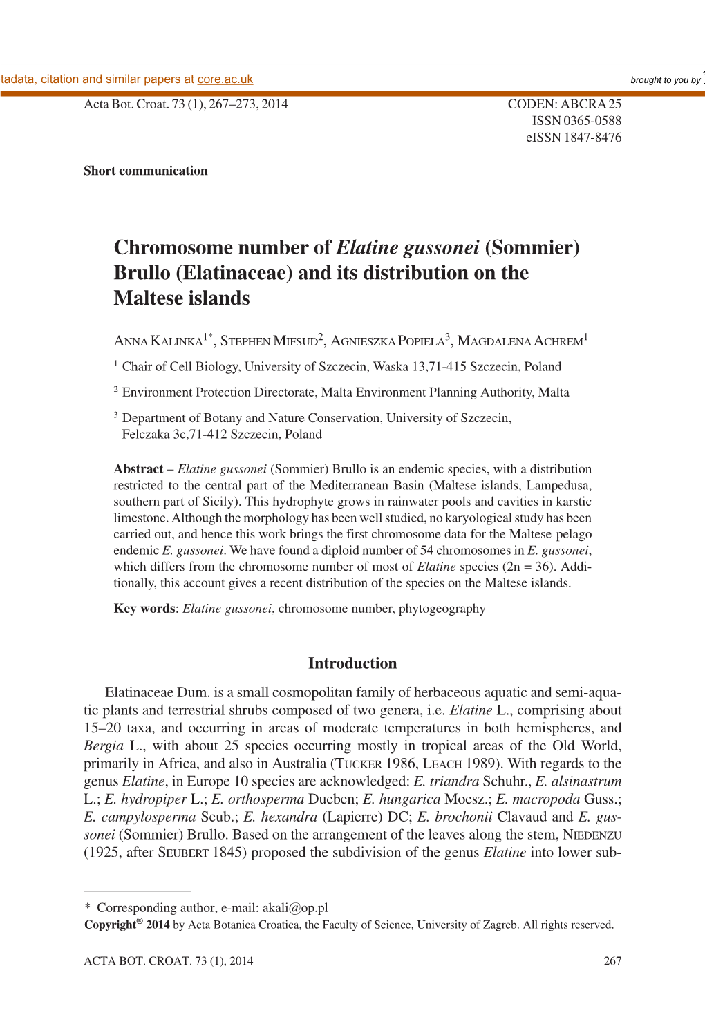 Chromosome Number of Elatine Gussonei (Sommier) Brullo (Elatinaceae) and Its Distribution on the Maltese Islands