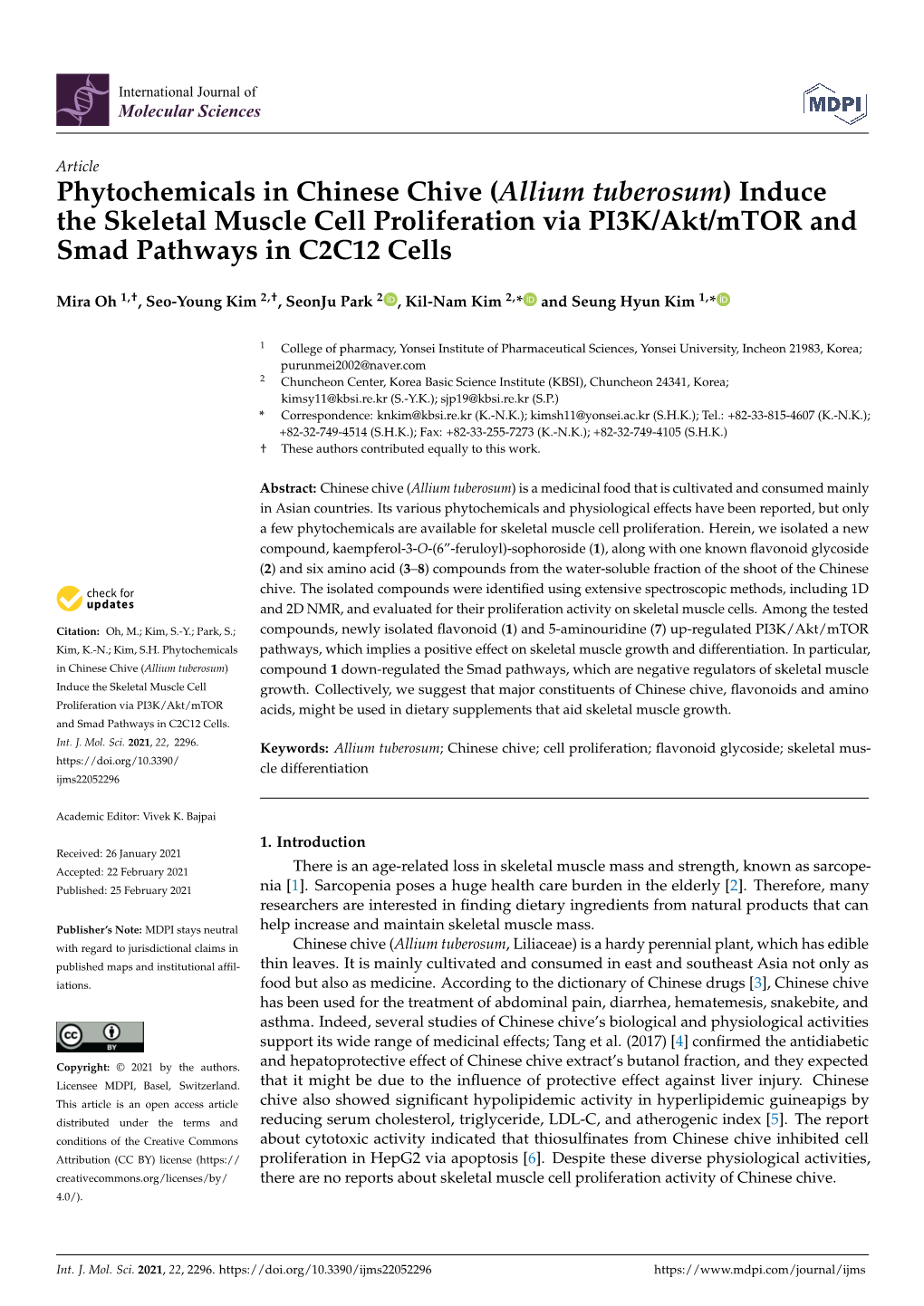 Allium Tuberosum) Induce the Skeletal Muscle Cell Proliferation Via PI3K/Akt/Mtor and Smad Pathways in C2C12 Cells