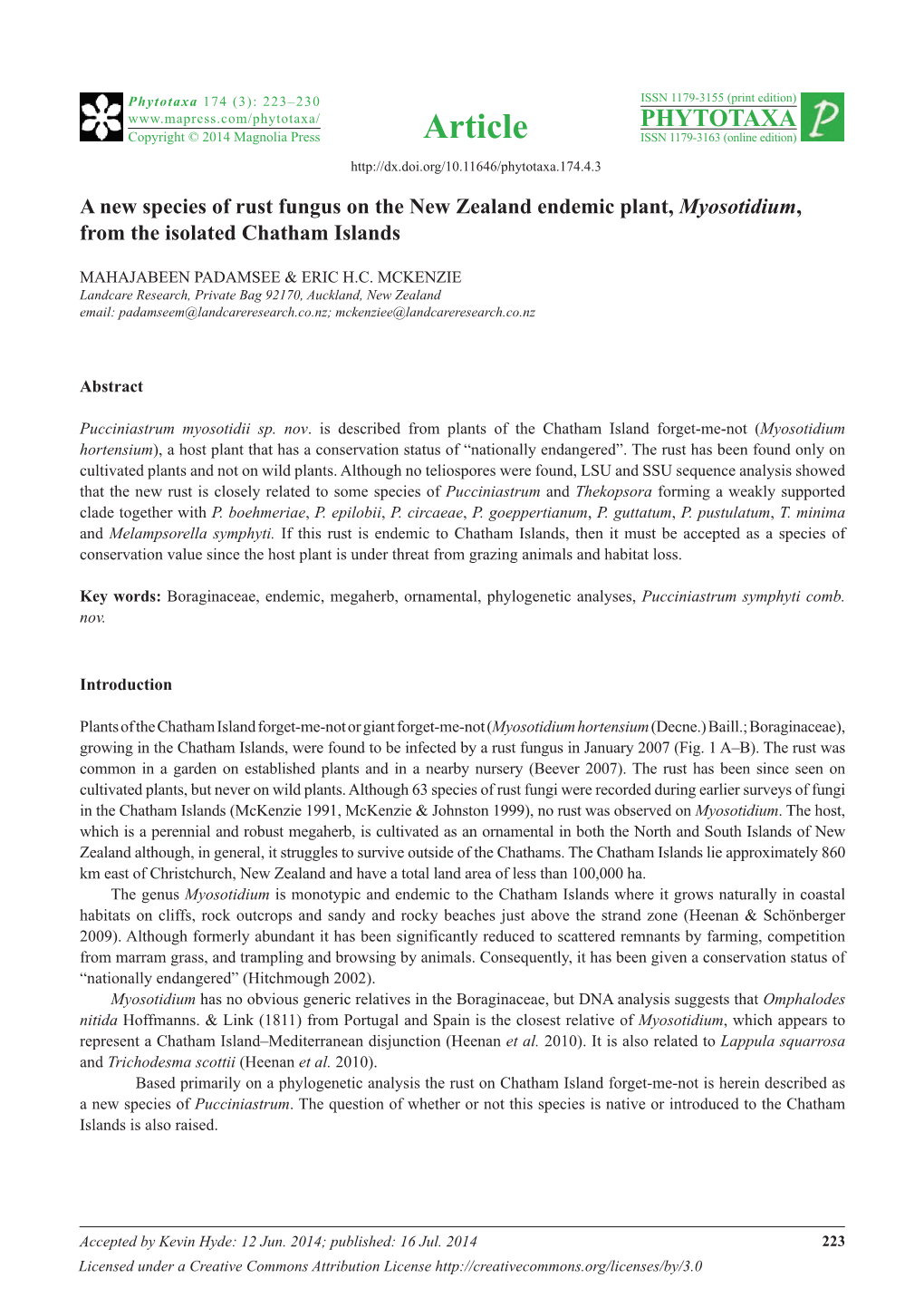 A New Species of Rust Fungus on the New Zealand Endemic Plant, Myosotidium, from the Isolated Chatham Islands