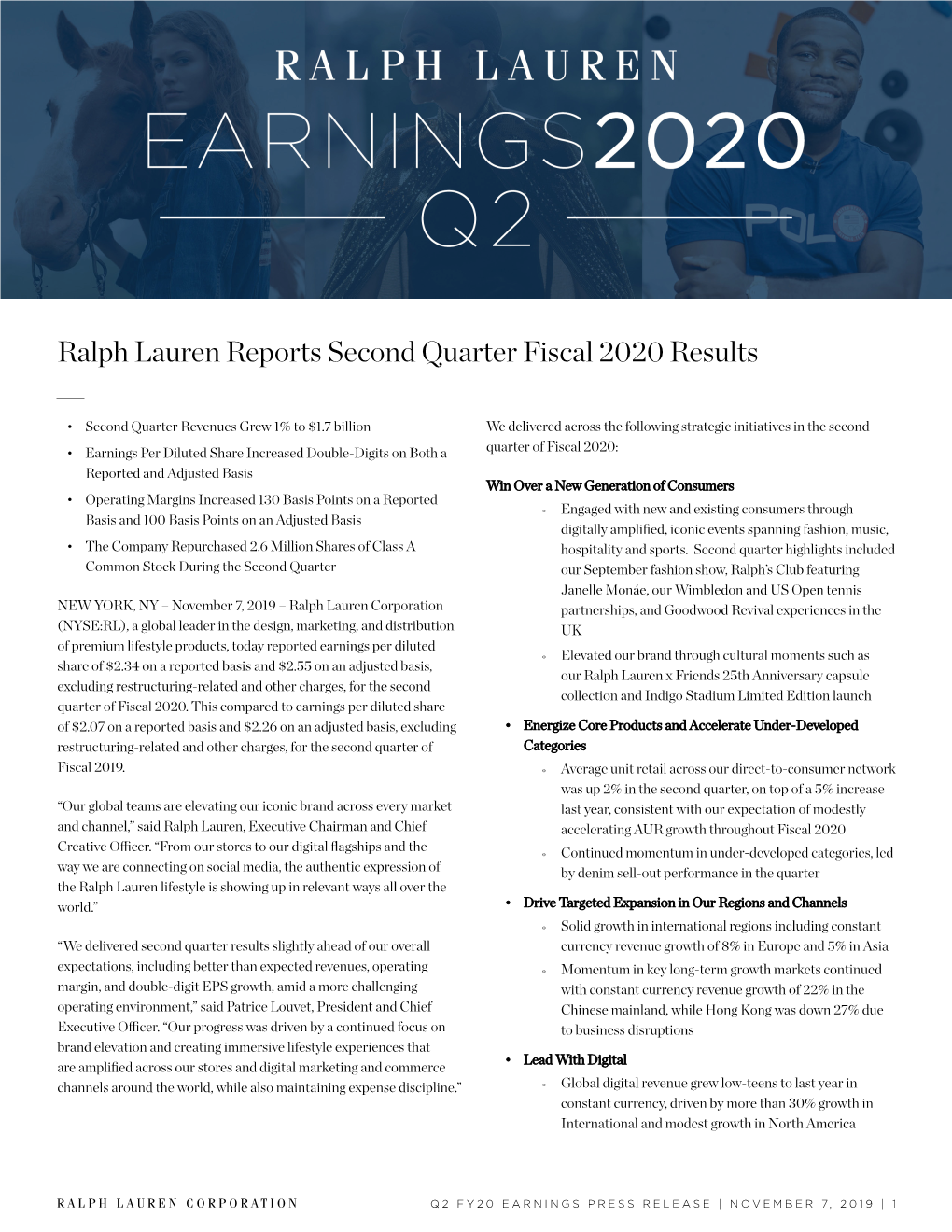 Ralph Lauren Reports Second Quarter Fiscal 2020 Results