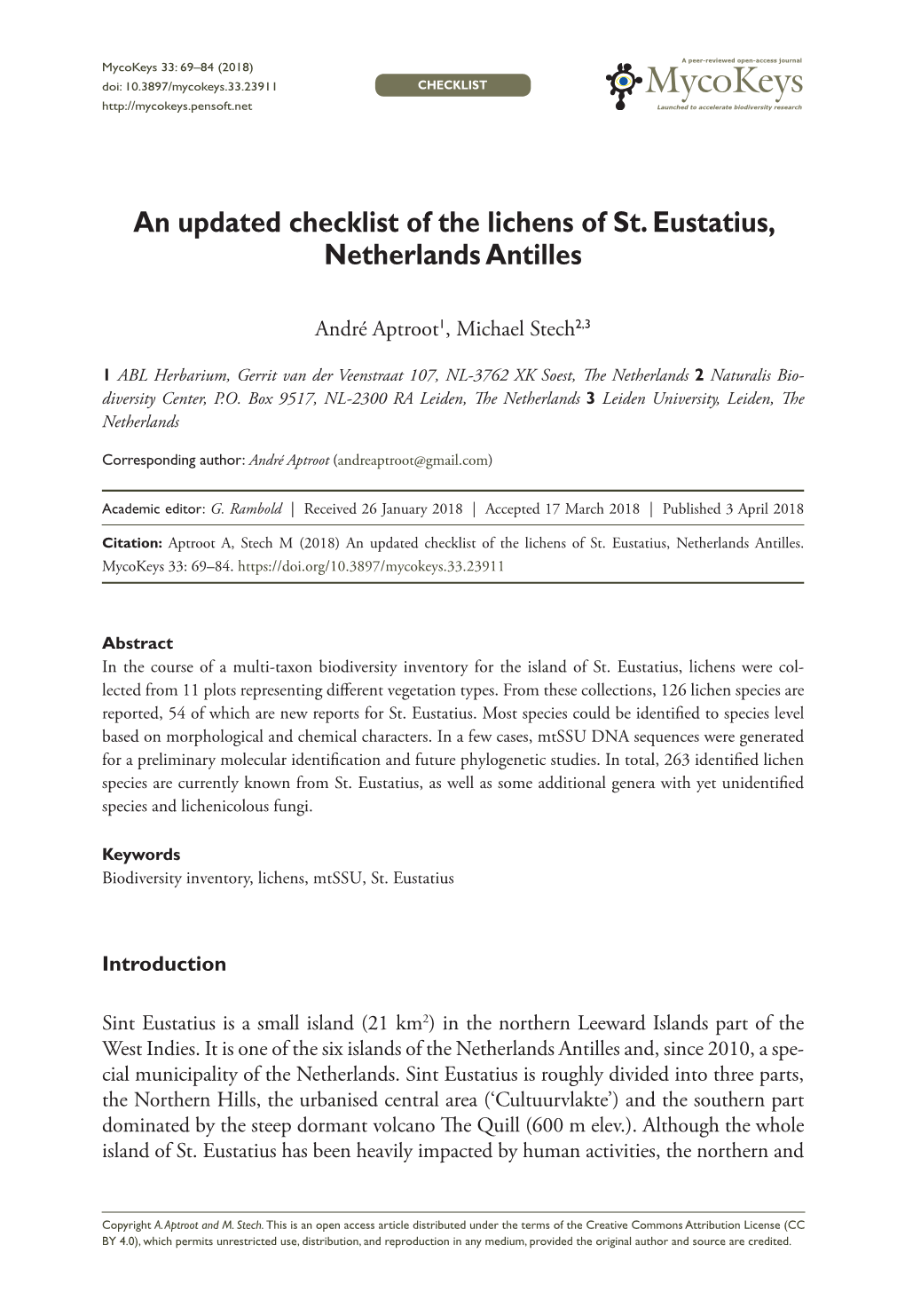 ﻿An Updated Checklist of the Lichens of St. Eustatius, Netherlands Antilles
