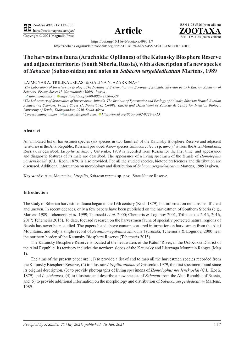 The Harvestmen Fauna (Arachnida: Opiliones) of the Katunsky Biosphere Reserve and Adjacent Territories (South Siberia, Russia)