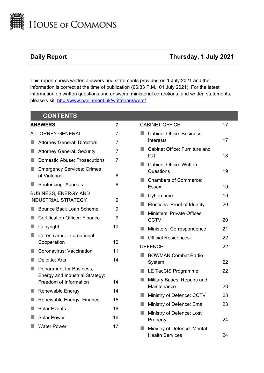 Daily Report Thursday, 1 July 2021 CONTENTS