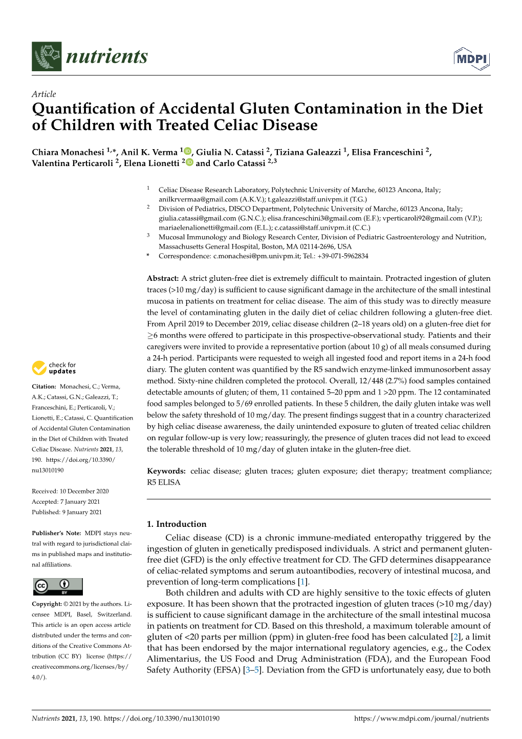 Quantification of Accidental Gluten Contamination in the Diet Of