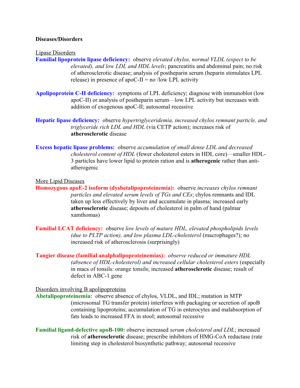 Diseases/Disorders