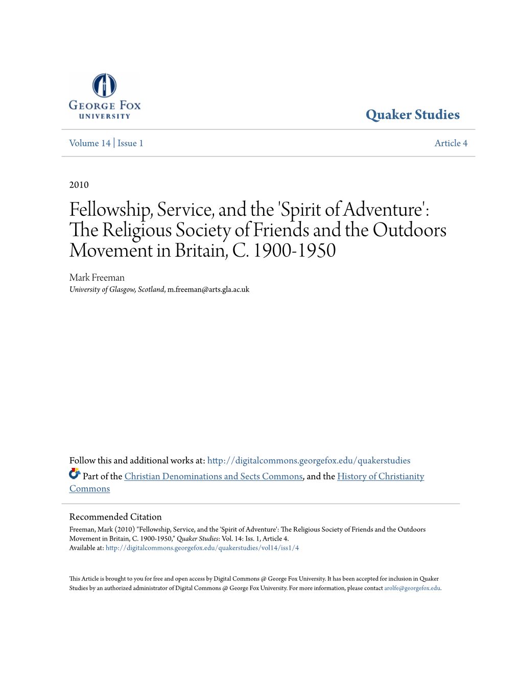 The Religious Society of Friends and the Outdoors Movement in Britain, C