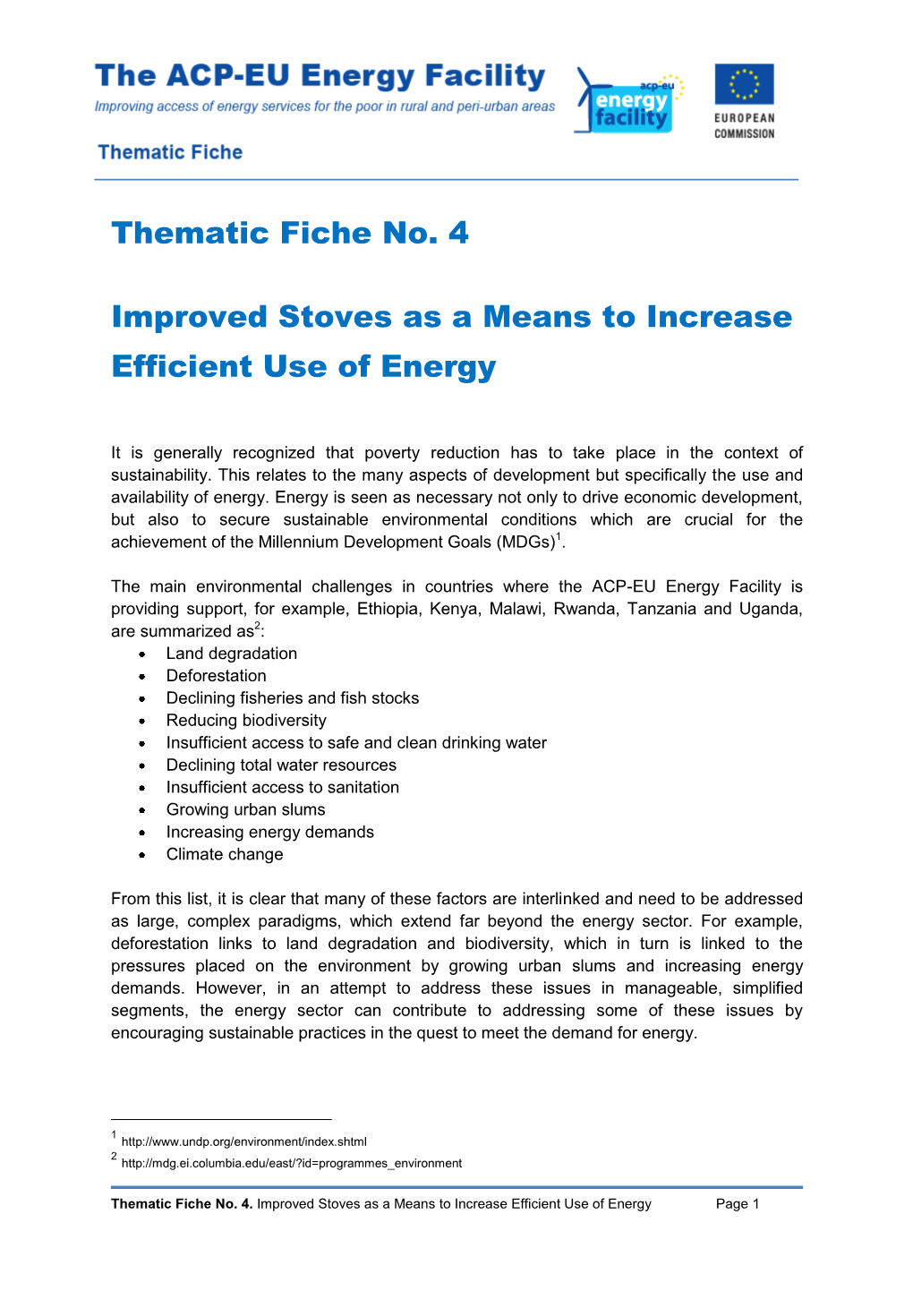 Thematic Fiche No. 4 Improved Stoves As a Means to Increase Efficient