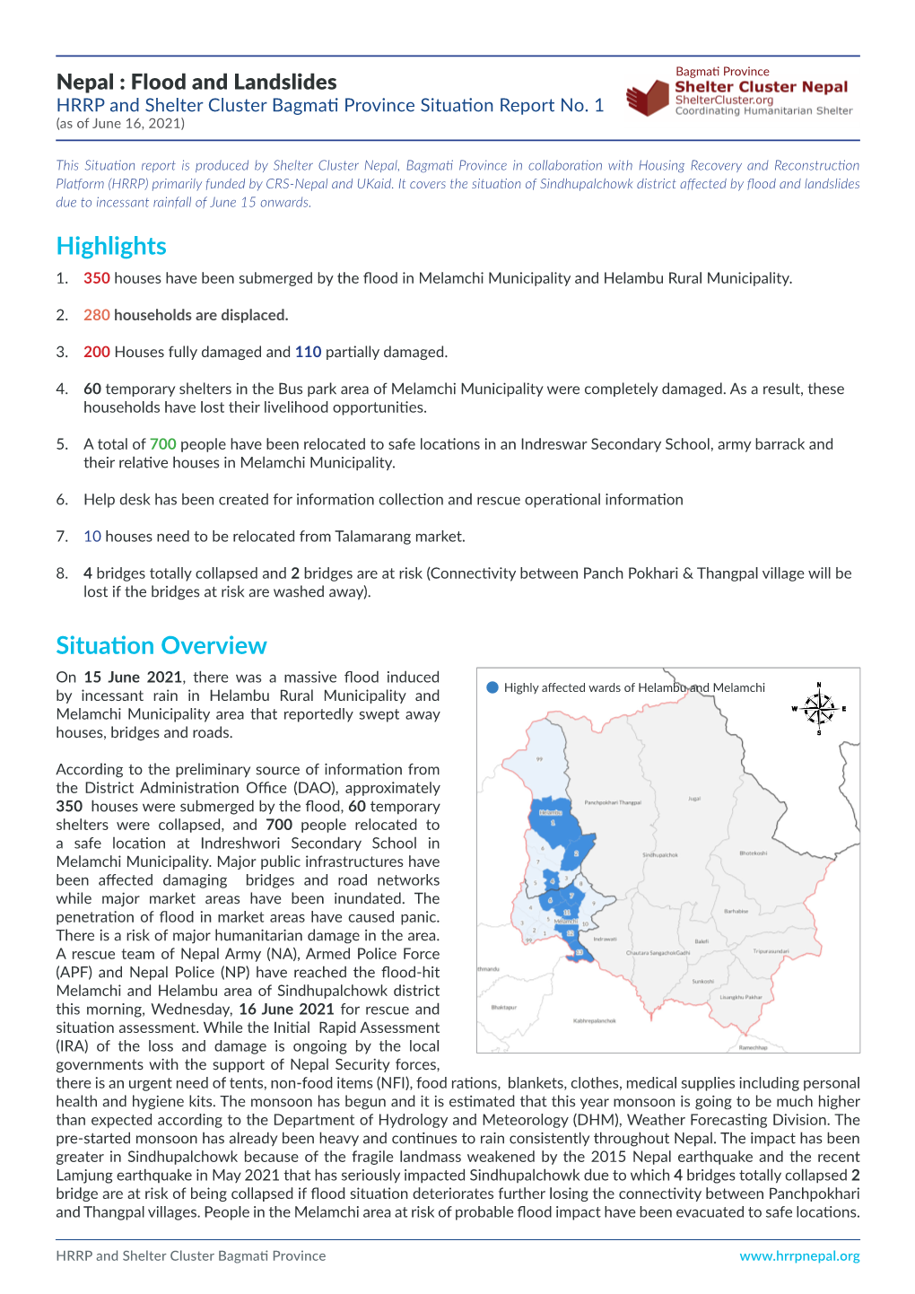 Nepal : Flood and Landslides HRRP and Shelter Cluster Bagmati Province Situation Report No