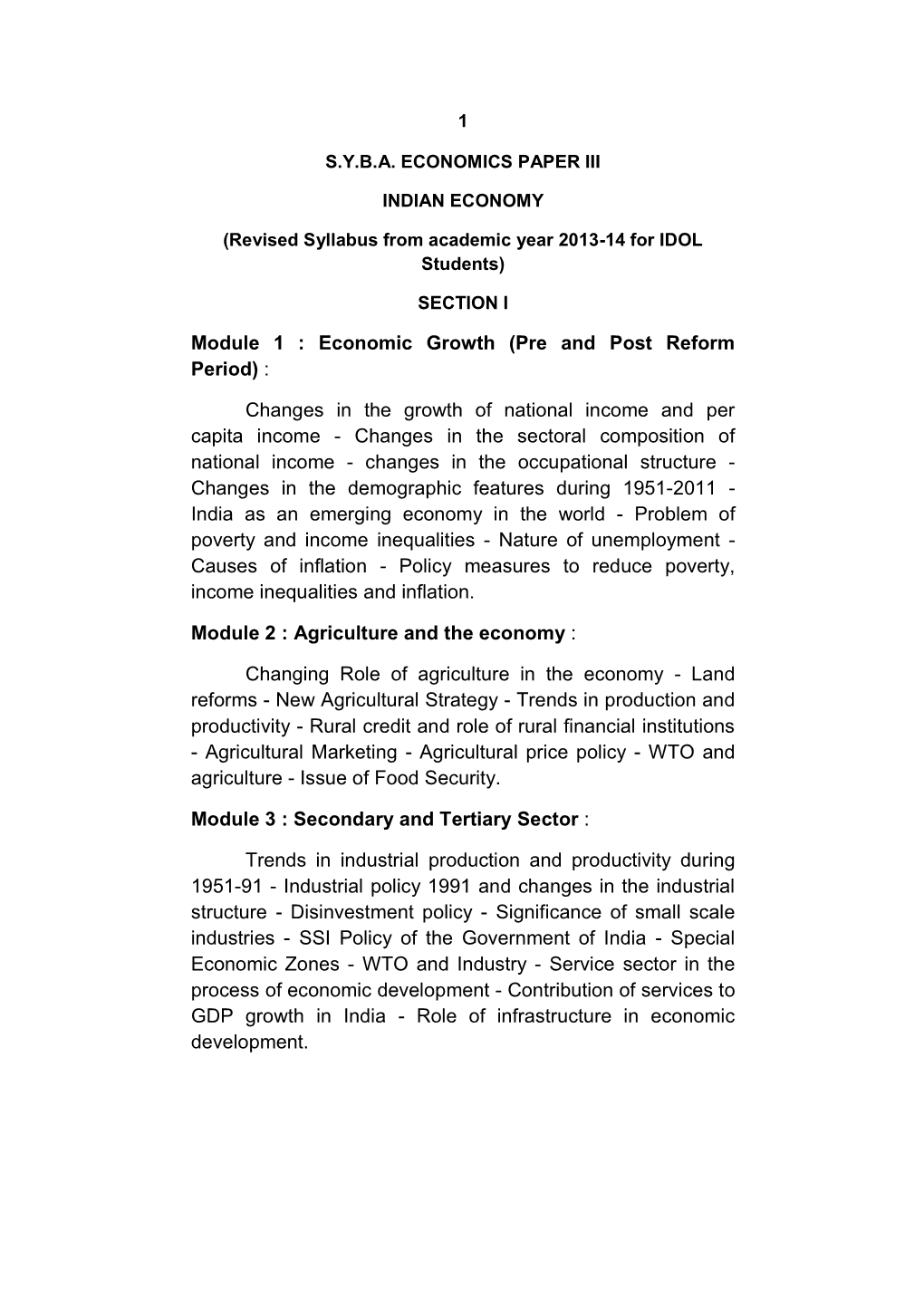 Module 1 : Economic Growth (Pre and Post Reform Period)