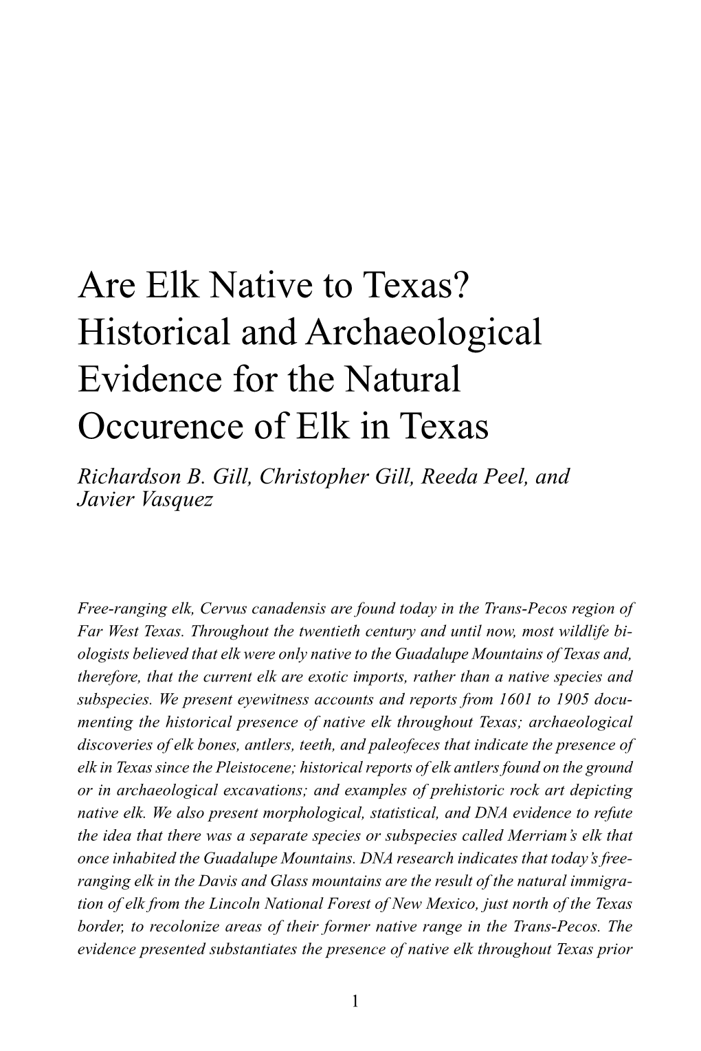 Are Elk Native to Texas? Historical and Archaeological Evidence for the Natural Occurence of Elk in Texas Richardson B