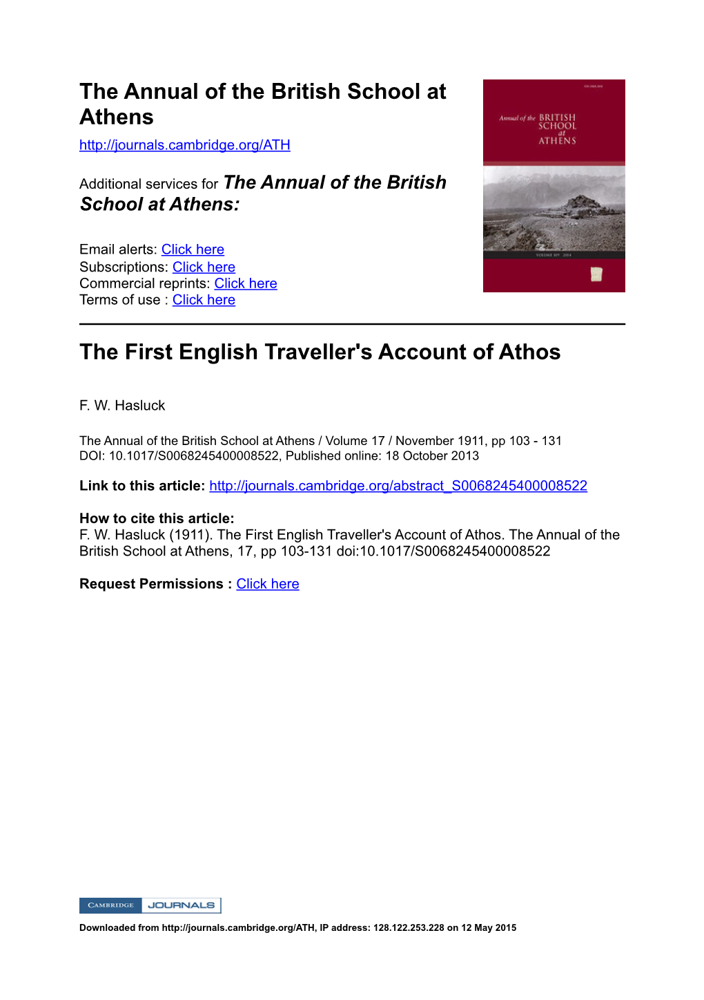 The Annual of the British School at Athens the First English Traveller's Account of Athos