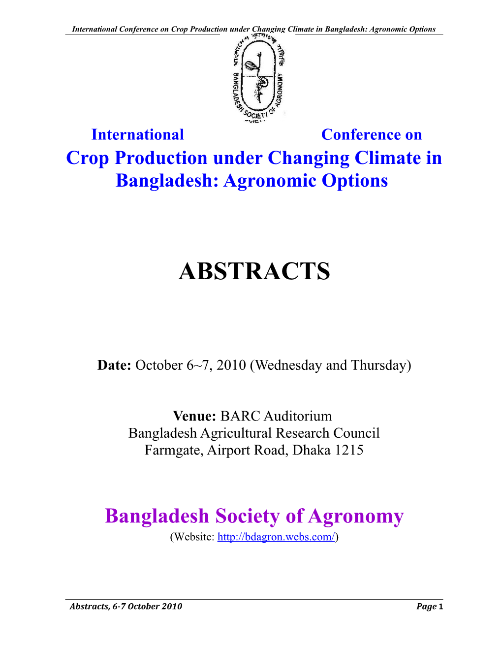 International Conference Oncrop Production Under Changing Climate In Bangladesh: Agronomic Options