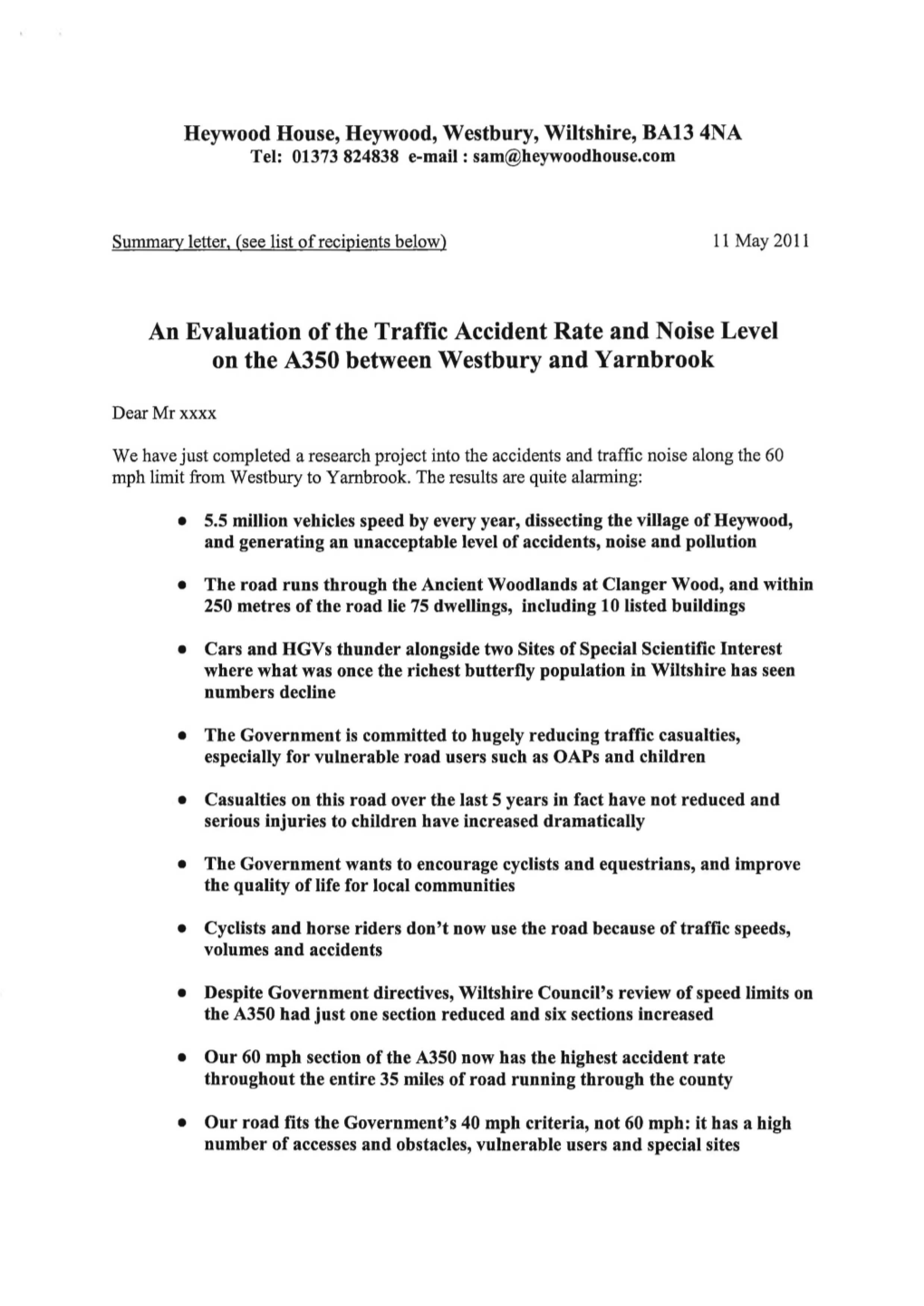 An Evaluation of the Traffic Accident Rate and Noise Level on the A350 Between Westbury and Yarnbrook