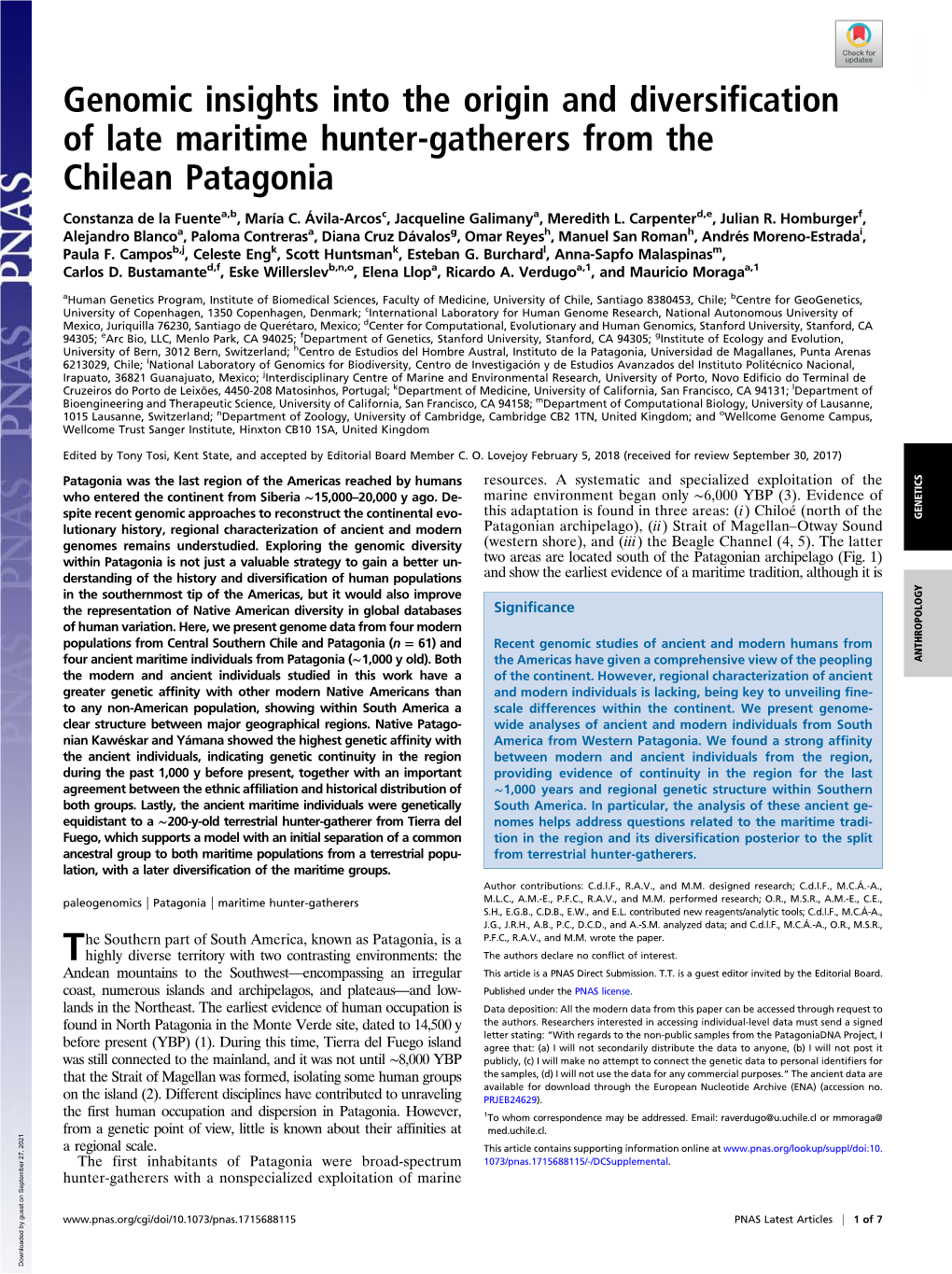 Genomic Insights Into the Origin and Diversification of Late Maritime Hunter-Gatherers from the Chilean Patagonia