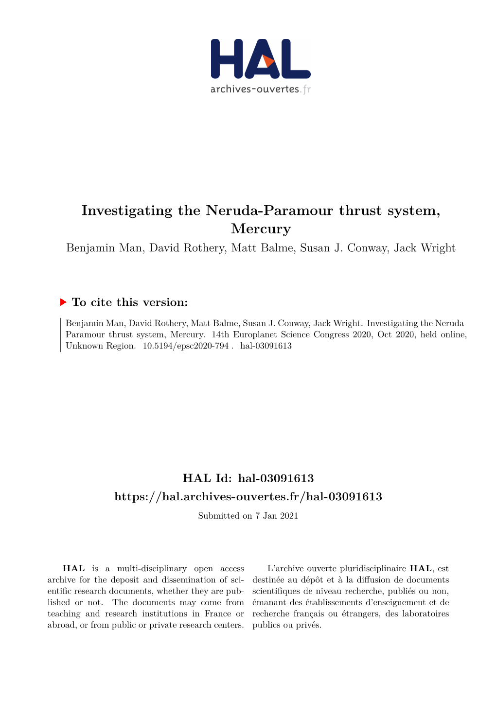 Investigating the Neruda-Paramour Thrust System, Mercury Benjamin Man, David Rothery, Matt Balme, Susan J