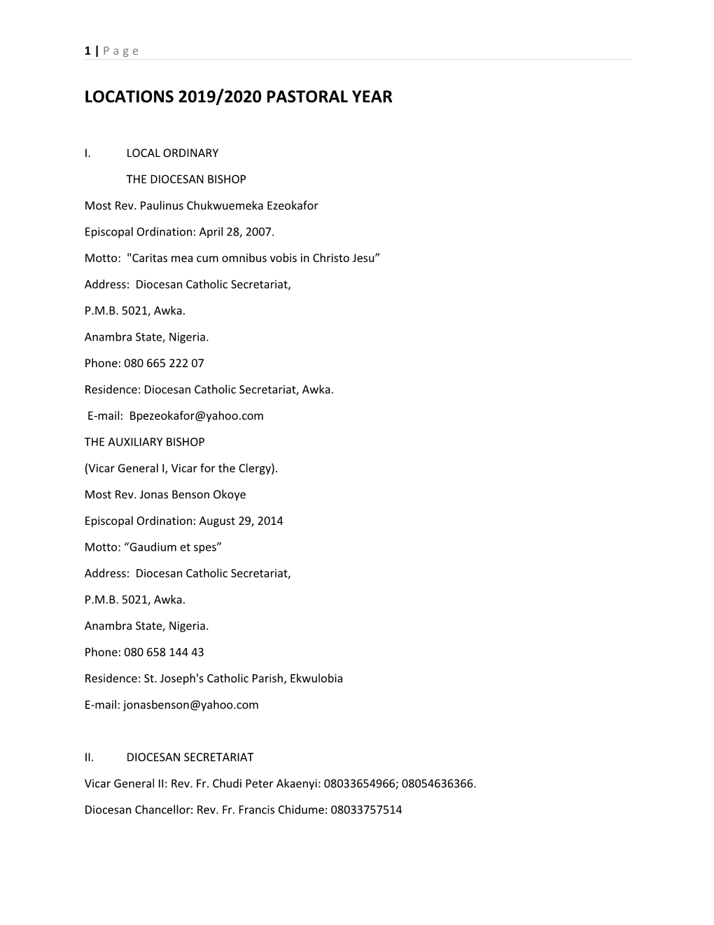 Locations 2019/2020 Pastoral Year