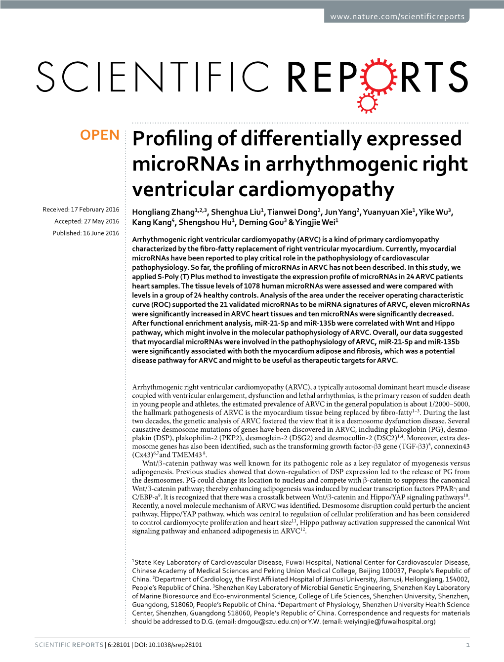 Profiling of Differentially Expressed Micrornas in Arrhythmogenic Right Ventricular Cardiomyopathy