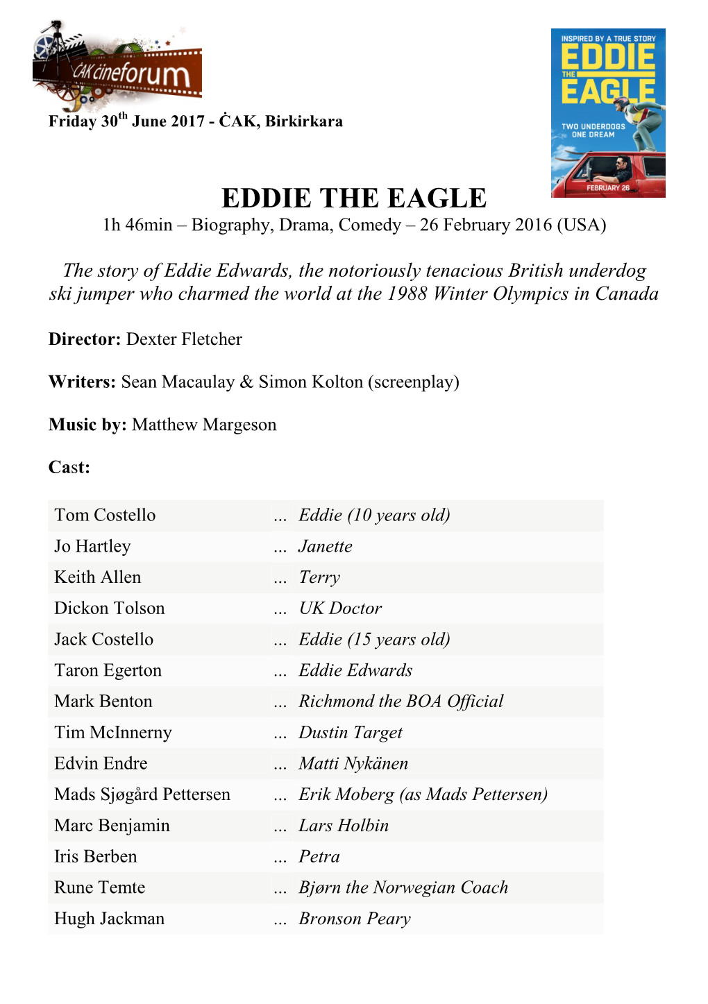 EDDIE the EAGLE 1H 46Min – Biography, Drama, Comedy – 26 February 2016 (USA)