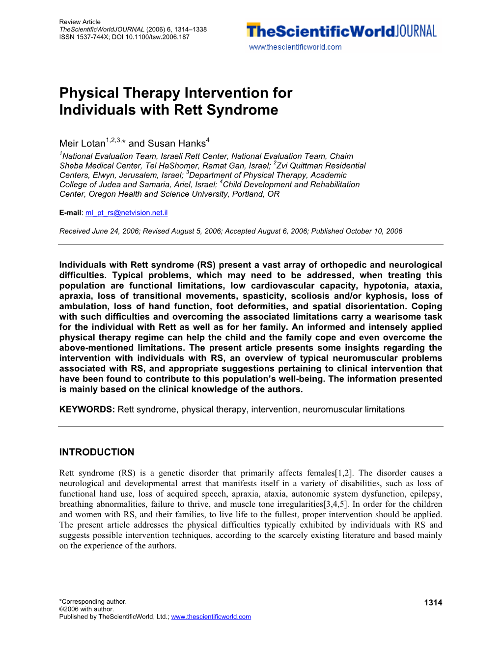 Physical Therapy Intervention for Individuals with Rett Syndrome