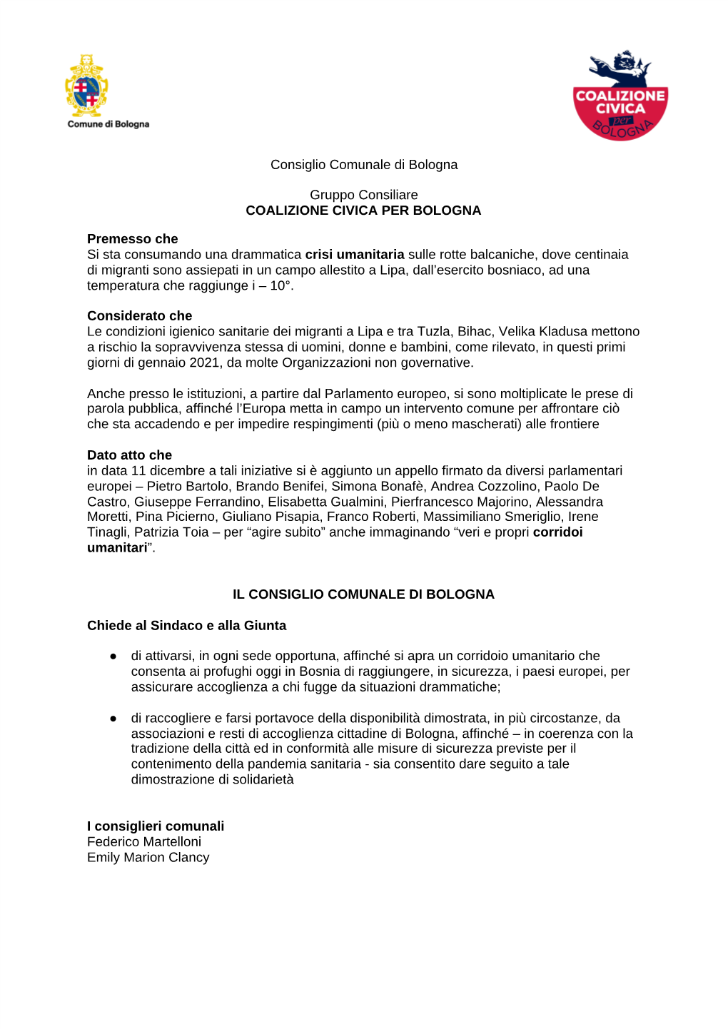 Consiglio Comunale Di Bologna Gruppo Consiliare COALIZIONE