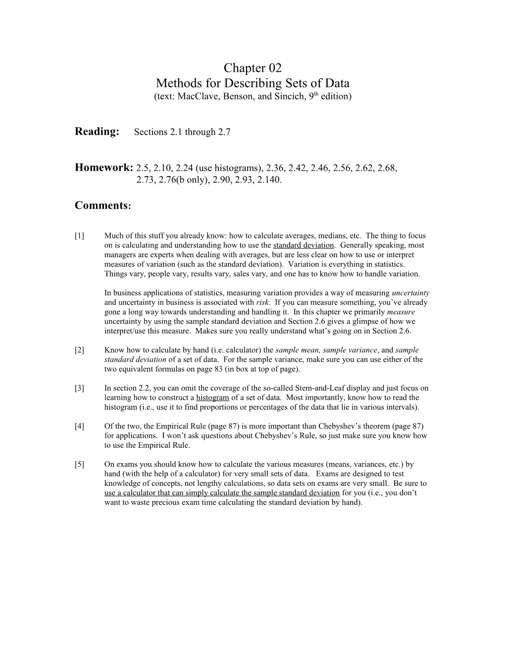 Methods for Describing Sets of Data