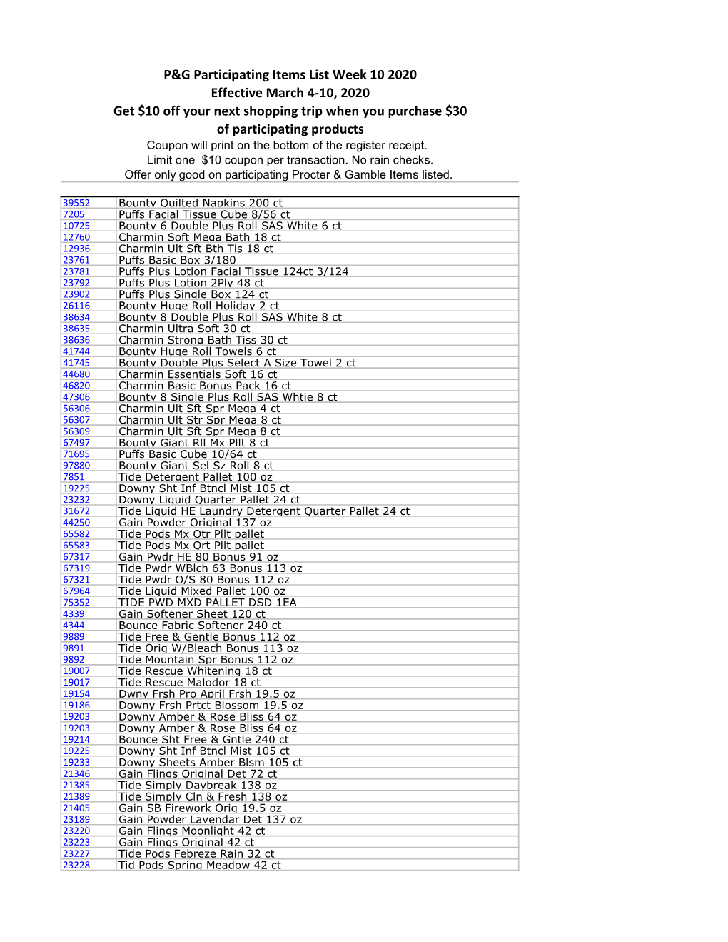 P&G Participating Items List Week 10 2020 Effective