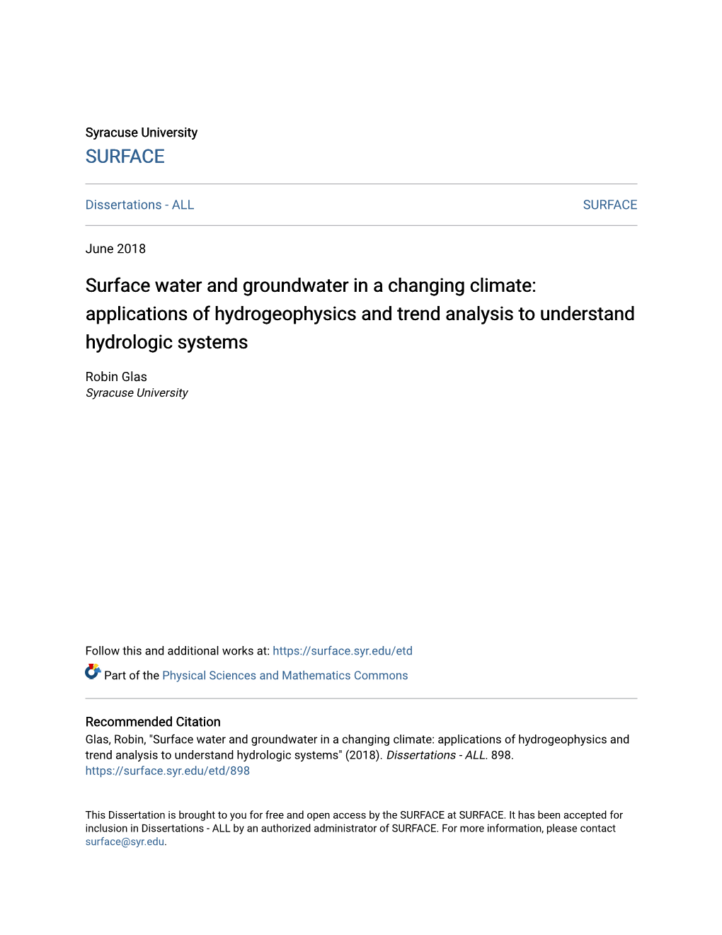 Surface Water and Groundwater in a Changing Climate: Applications of Hydrogeophysics and Trend Analysis to Understand Hydrologic Systems