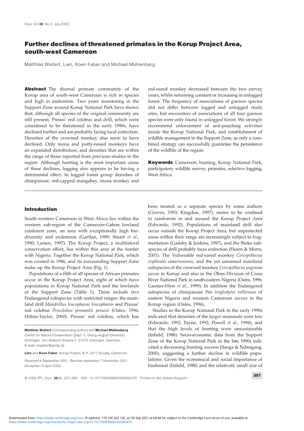 Further Declines of Threatened Primates in the Korup Project Area, South-West Cameroon