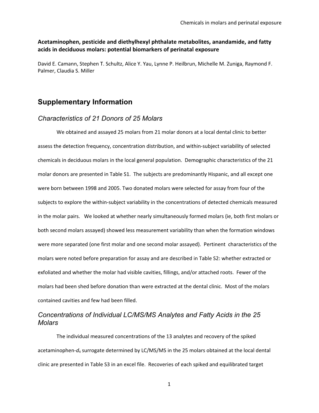 Chemicals in Molars and Perinatal Exposure