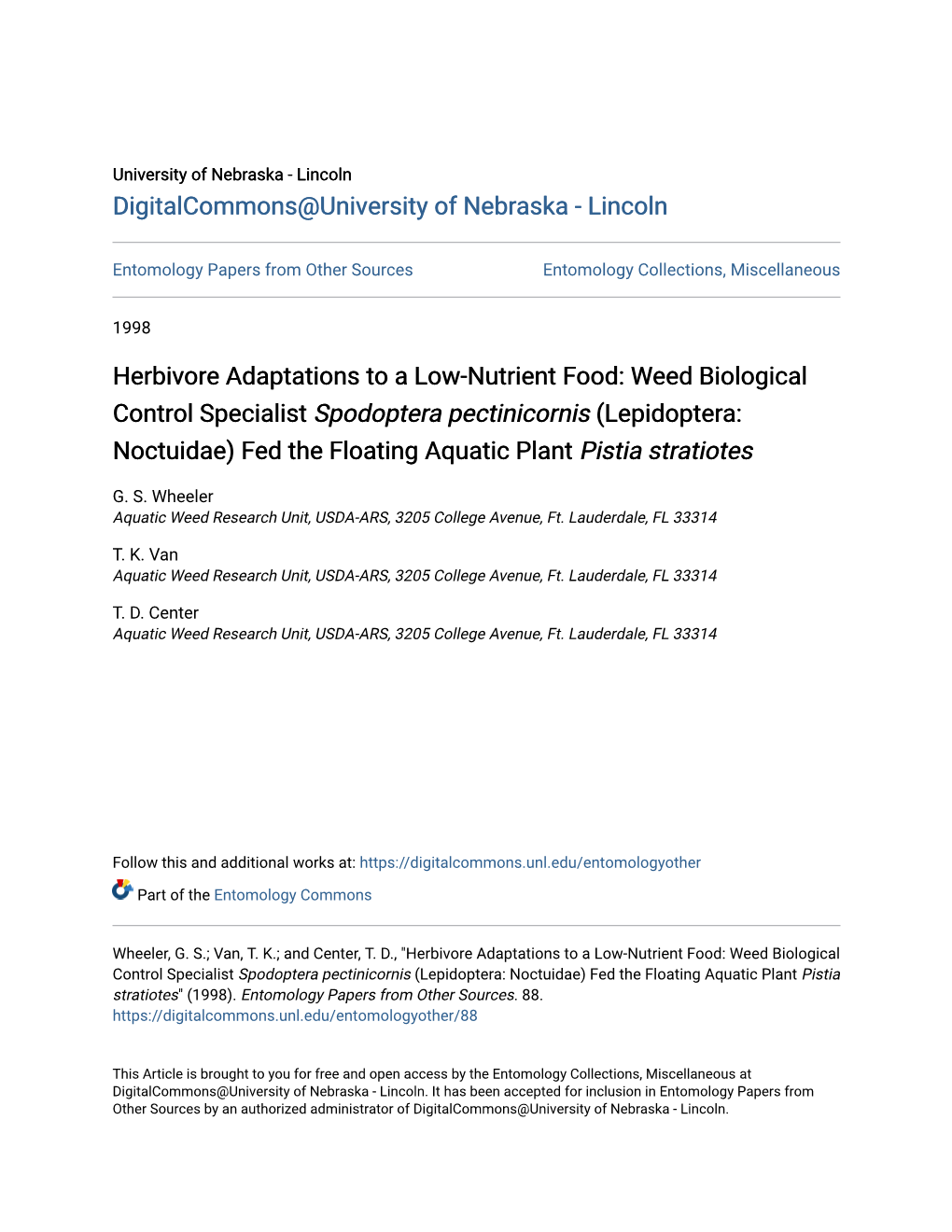 Weed Biological Control Specialist Spodoptera Pectinicornis (Lepidoptera: Noctuidae) Fed the Floating Aquatic Plant Pistia Stratiotes