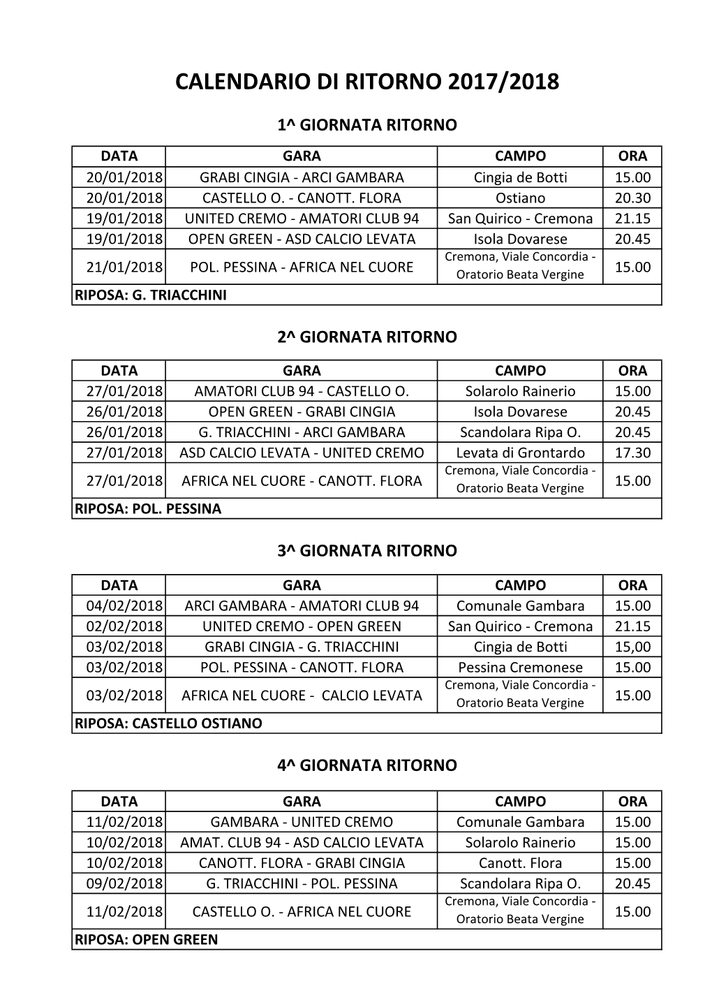 Calendario Di Ritorno 2017/2018