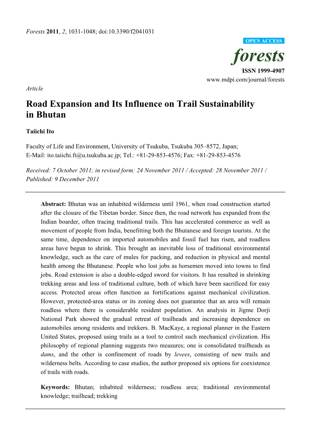 Road Expansion and Its Influence on Trail Sustainability in Bhutan