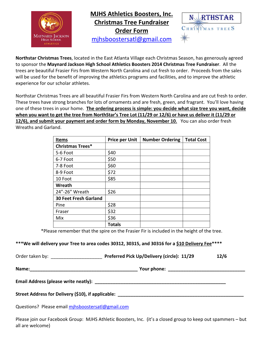 MJHS Athletics Boosters, Inc. Christmas Tree Fundraiser Order Form Mjhsboostersatl@Gmail.Com