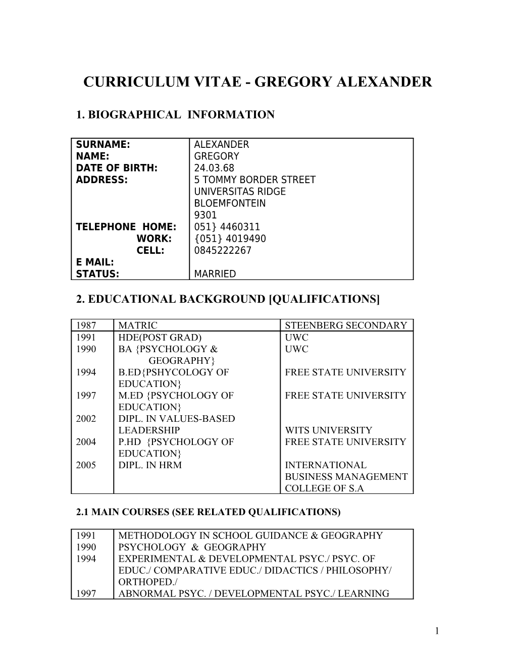 Curriculum Vitae - Gregory Alexander