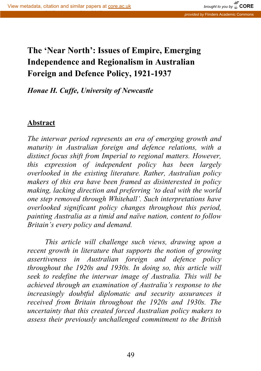 Issues of Empire, Emerging Independence and Regionalism in Australian Foreign and Defence Policy, 1921-1937