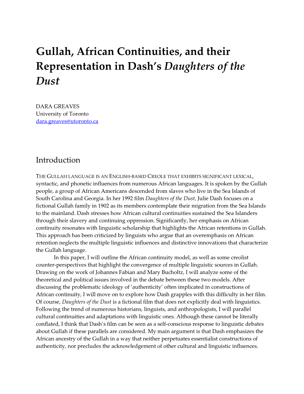 Gullah, African Continuities, and Their Representation in Dash's Daughters of the Dust