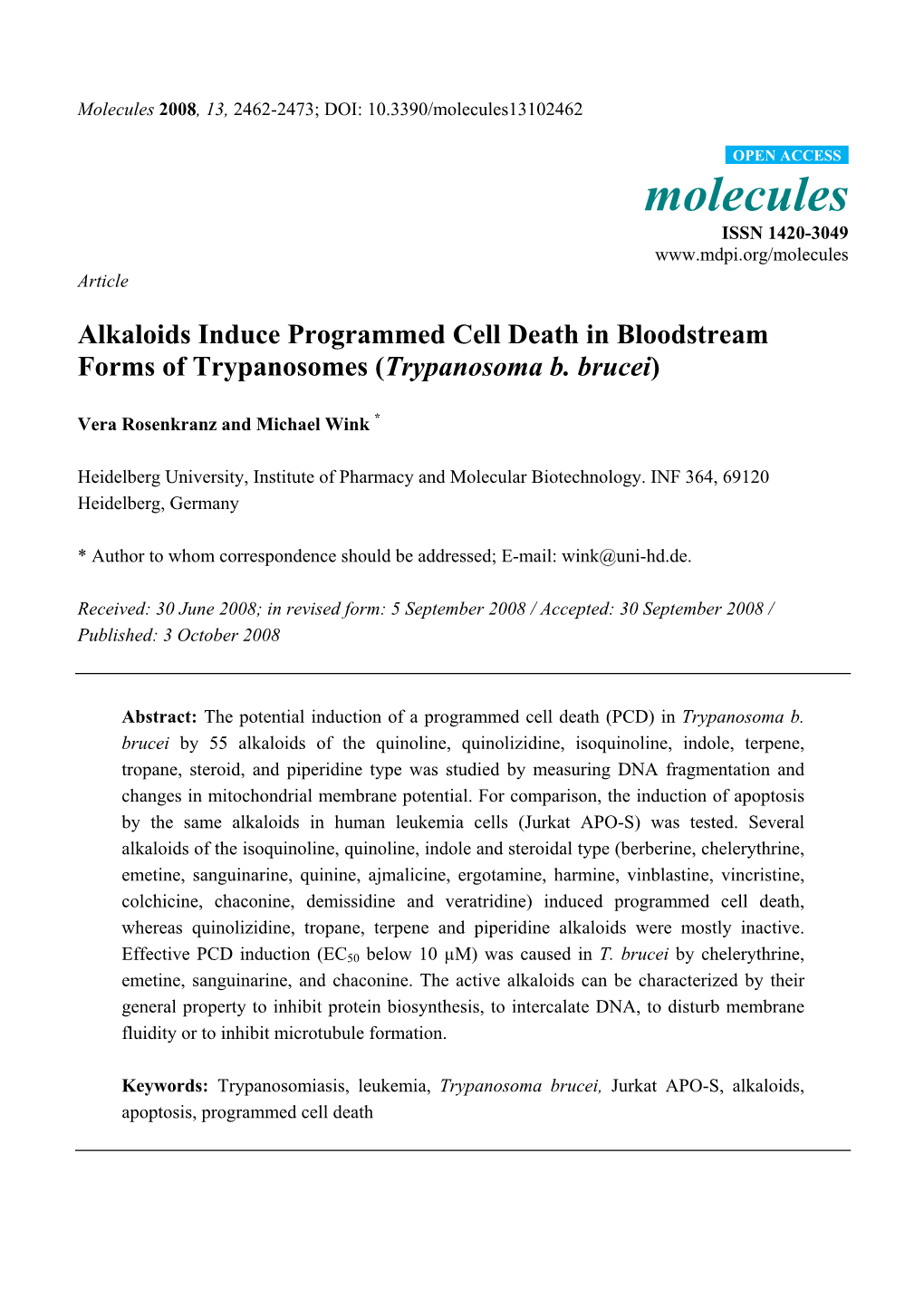 Alkaloids Induce Programmed Cell Death in Bloodstream Forms of Trypanosomes (Trypanosoma B