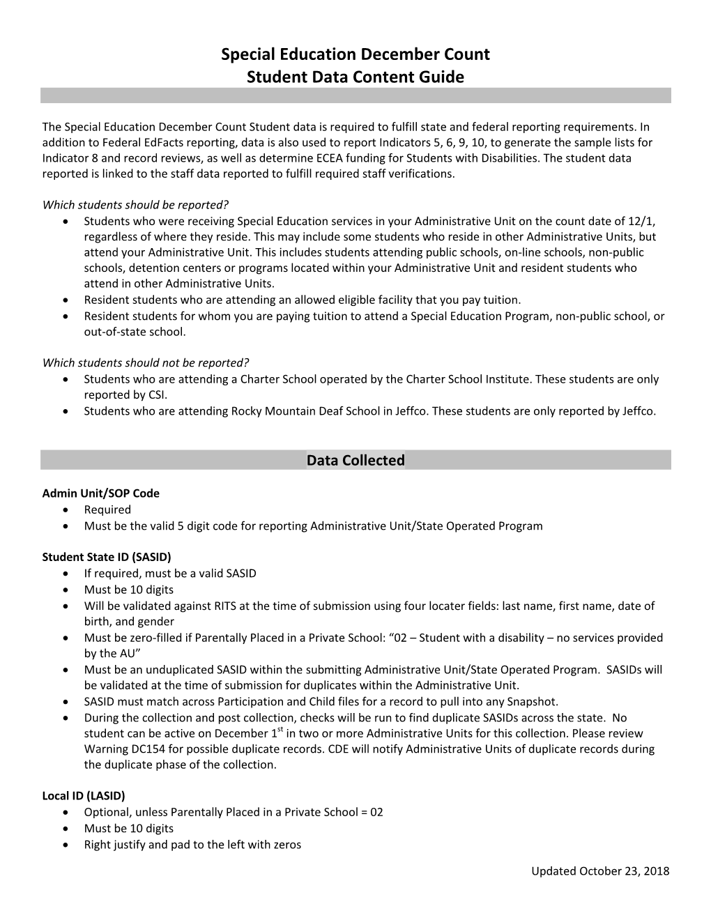 Special Education December Count Student Data Content Guide