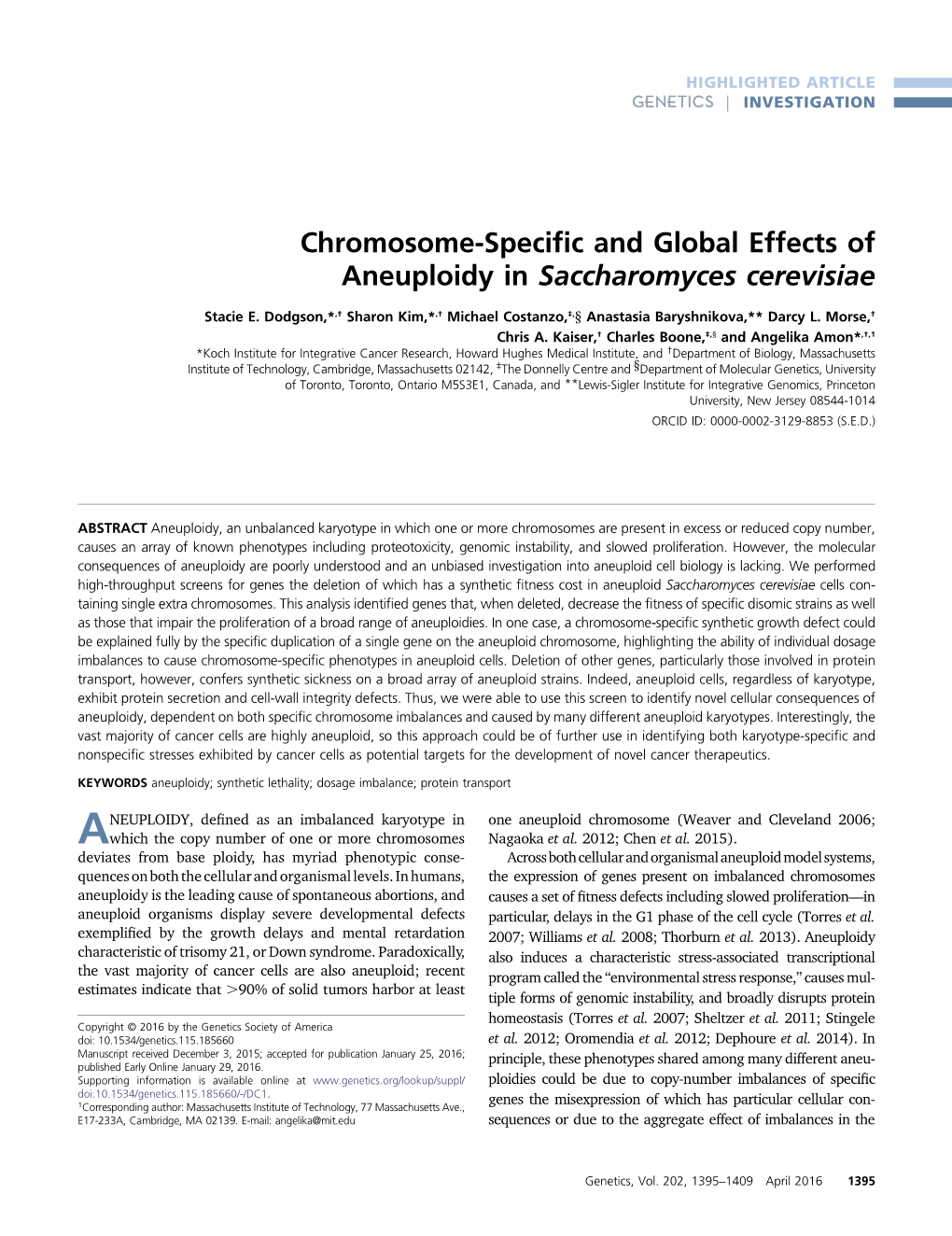 Chromosome-Specific and Global Effects of Aneuploidy In
