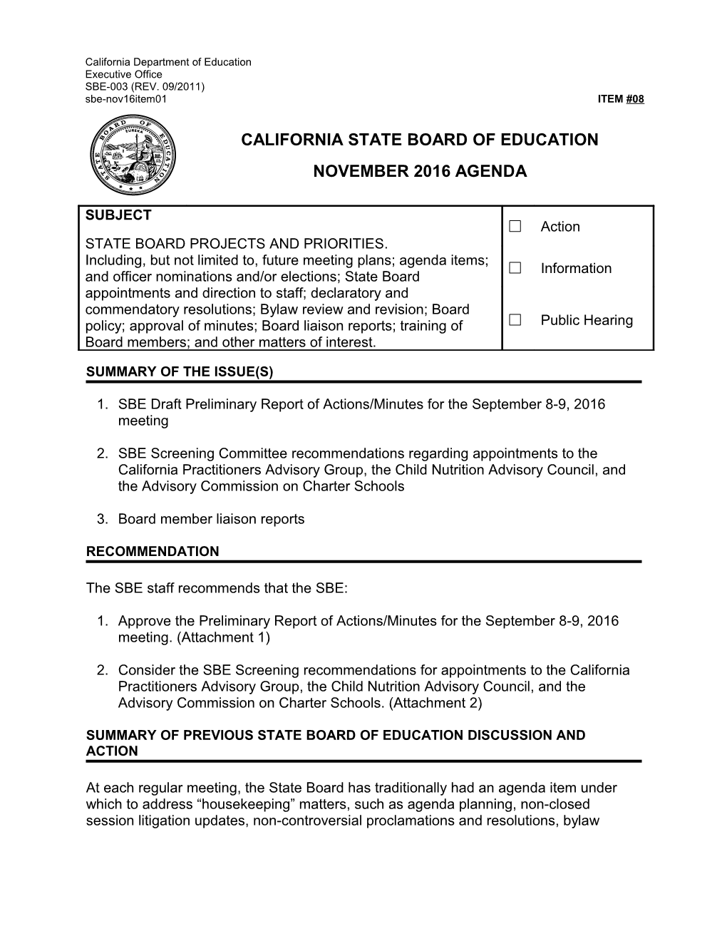 November 2016 Agenda Item 08 - Meeting Agendas (CA State Board of Education)