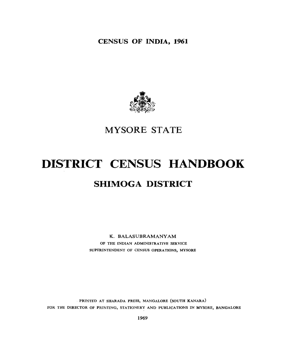 District Census Handbook, Shimoga