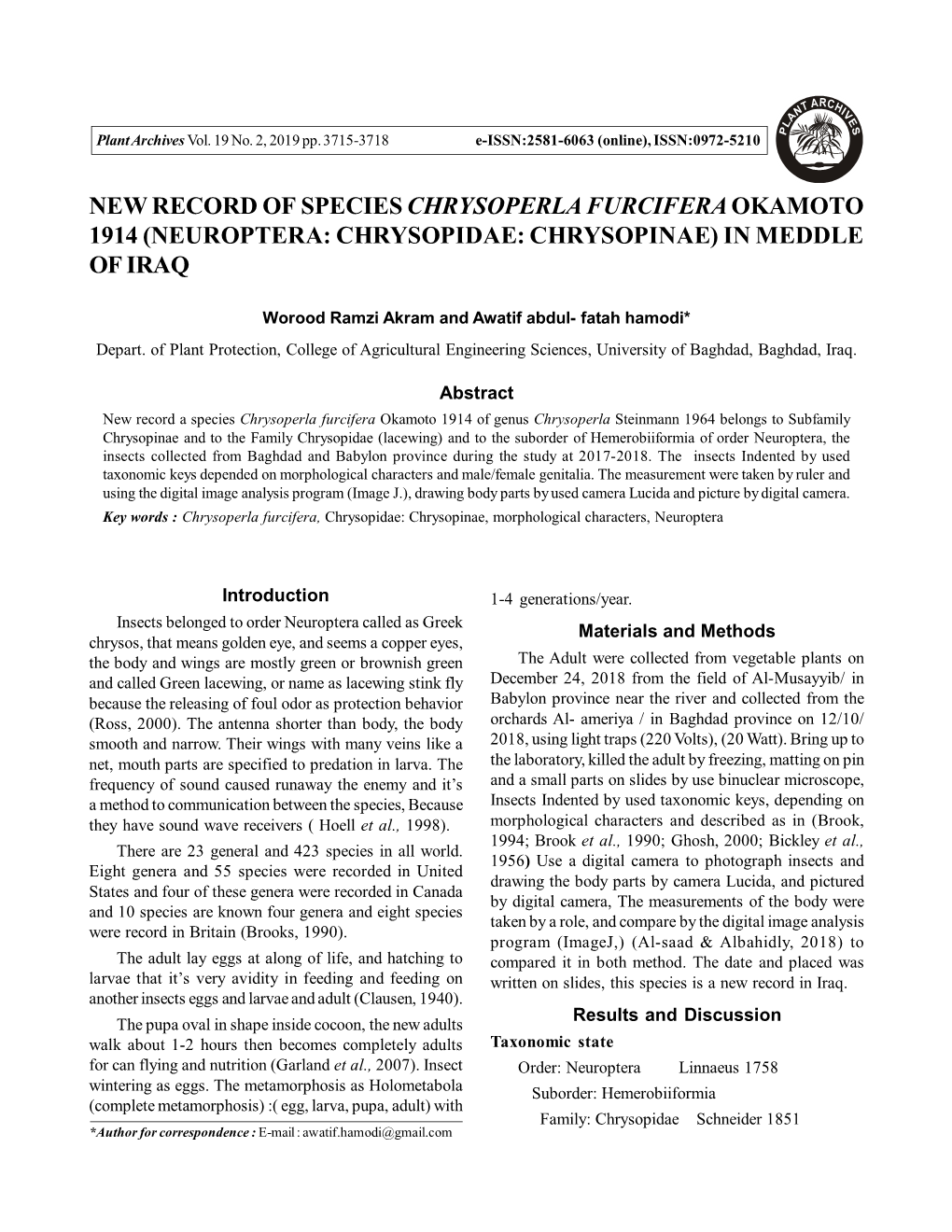 (Neuroptera: Chrysopidae: Chrysopinae) in Meddle of Iraq