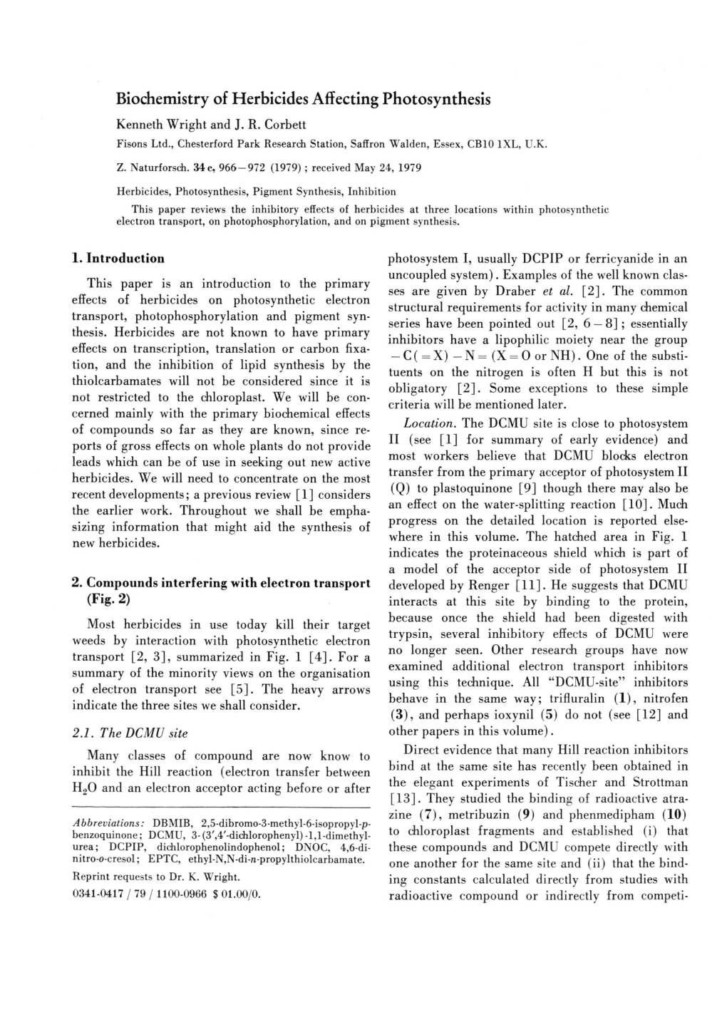 Biochemistry of Herbicides Affecting Photosynthesis Kenneth Wright and J