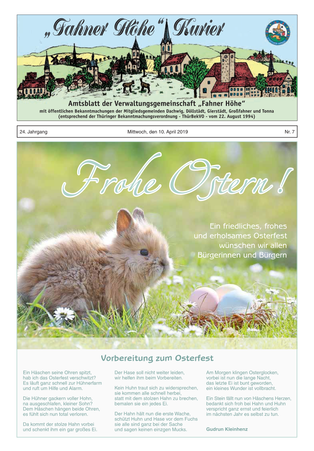 „Fahner Höhe“ Kurier Frohe Ostern ! Ein Friedliches, Frohes Und Erholsames Osterfest Wünschen Wir Allen Bürgerinnen Und Bürgern